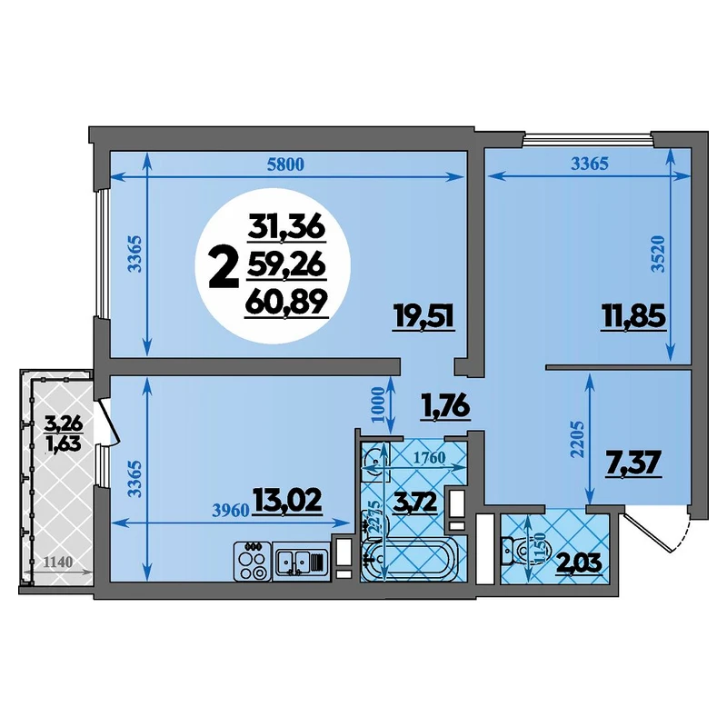 Планировка: 2-комнатная квартира, 60,89 м²