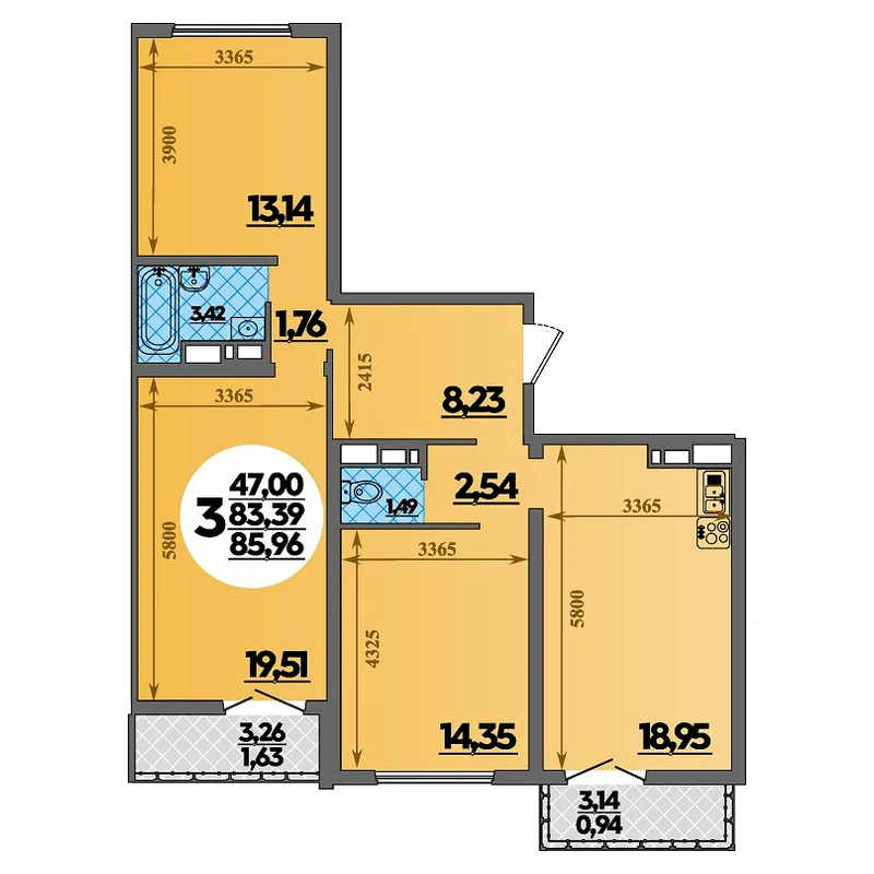 Планировка: 3-комнатная квартира, 85,96 м²
